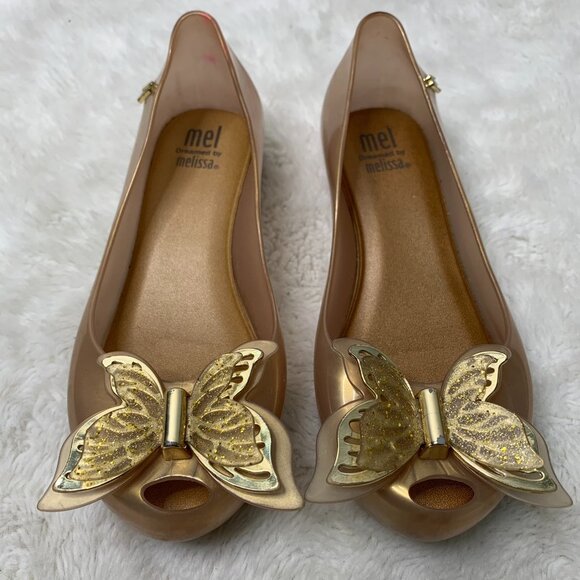 Melissa Mini Ultragirl Kid's Gold Butterfly Ballet Open Toe Flats Shoes Size 12 - Picture 1 of 11